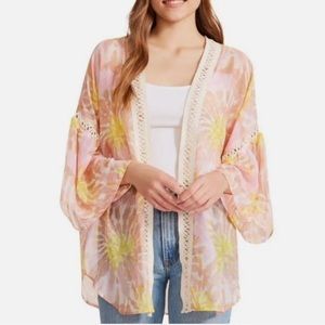 Steve Madden Women's Poly Chiffon Tie Dye Kimono with Crochet Trim